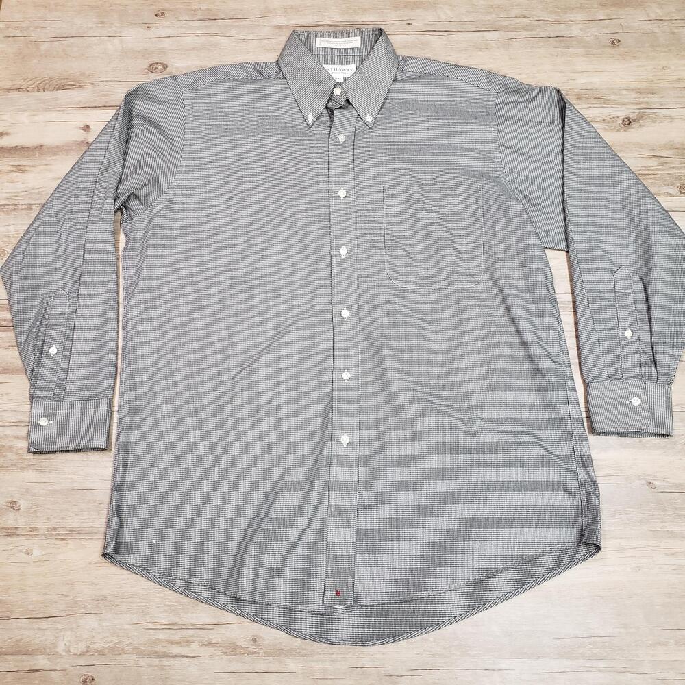 Hathaway Shirt Mens 16 32/33 Gray Houndstooth Wrinkle Free Dress Long Sleeve